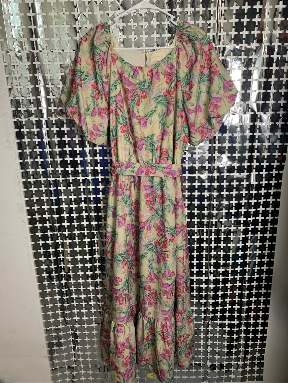MELLODAY Cream Maxi Dress with Pink & Green Floral Pattern